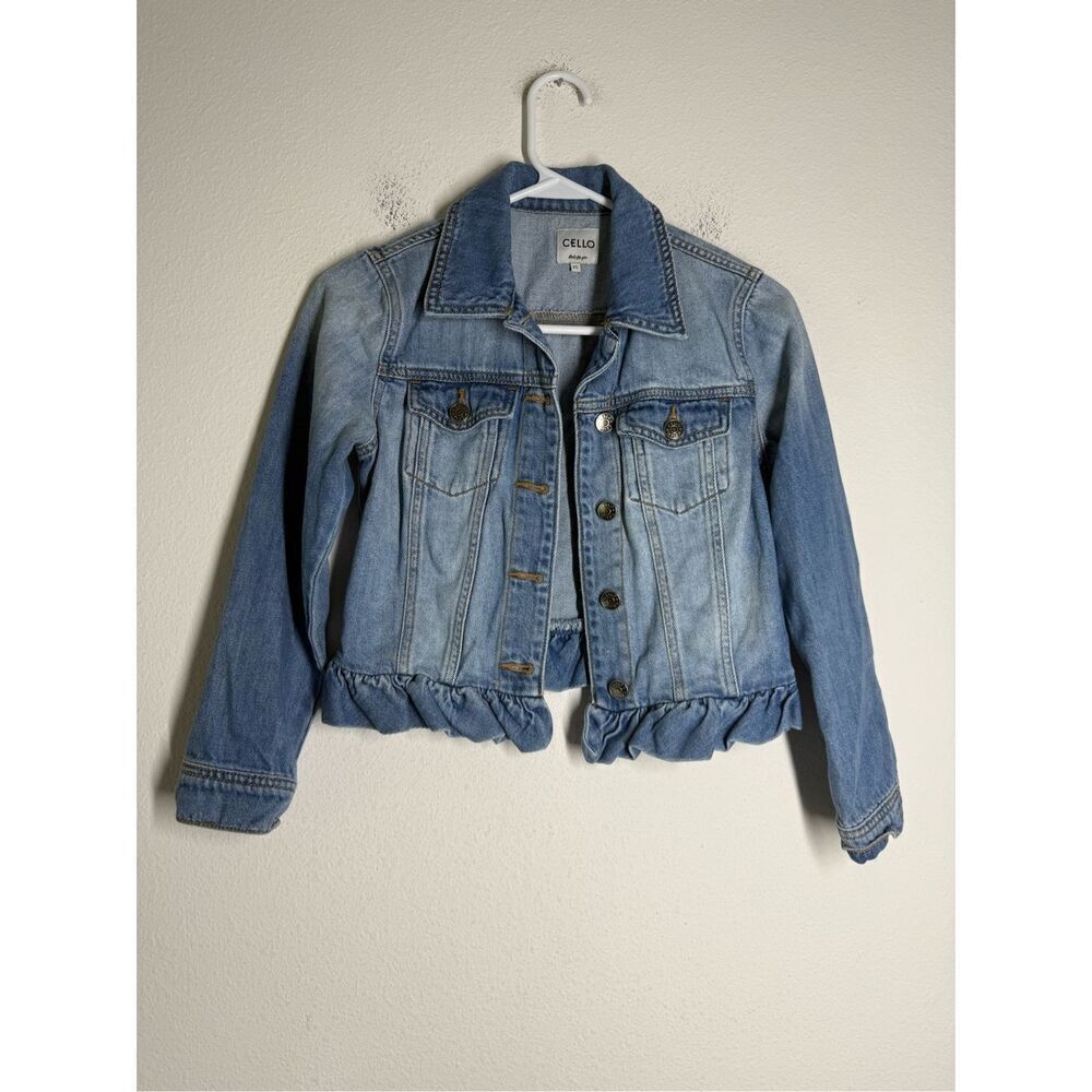 CELLO Women’s Denim Ruffle Jacket Blue Light Wash Size XS Button Down
